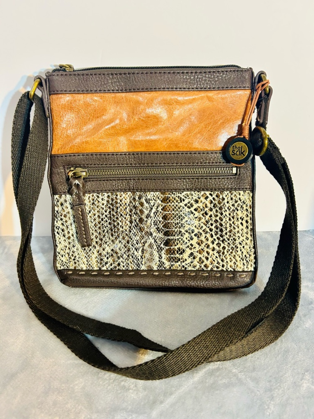 The Sak Leather Crossbody Bag Brown Snake Print Boho Adjustable Strap
